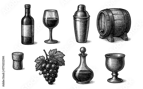 Vintage wine and accessories set with classic engraving style