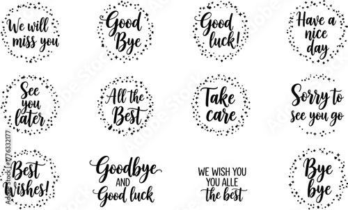 Twelve farewell messages with star borders on a white background