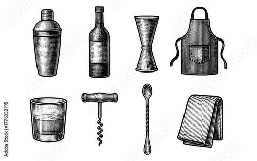 Vintage bar tools collection featuring cocktail shaker, bottle, jigger, and more in detailed engraving style
