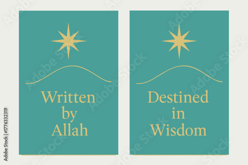 Divine Destiny Banners. Qadr. Two vertical A6 banners with safe margins, centered composition, no elements touching edges, minimal, turquoise and gold, path