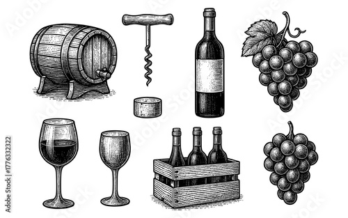 Vintage winery elements: barrel, bottles, grapes, corkscrew in detailed engraving style
