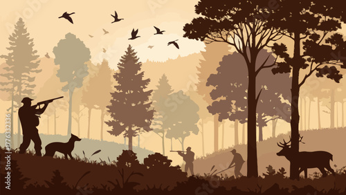 Silhouette illustration of hunters with dogs and deer in a forest under a flock of birds at sunset