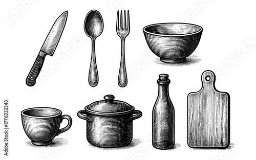 Vintage kitchen utensils: hand-drawn cutlery, crockery, and cooking tools