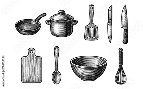 Vintage kitchen utensils set with hand-drawn cooking tools