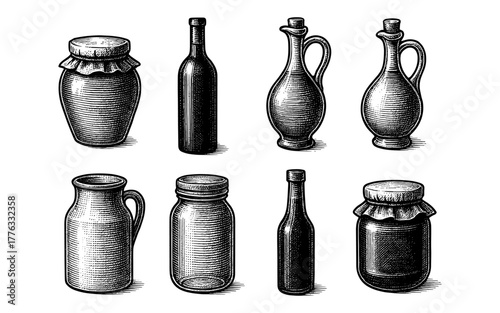 Vintage engraved glass and ceramic jars and bottles collection