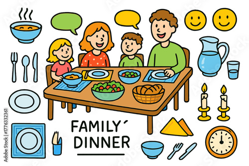 Colorful Family Dinner Doodles. Family dinners. Colorful Hand-drawn doodle Children illustration Family dinners dining table, plates, bowls, cutlery, steaming