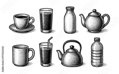 Vintage engraved beverage icons: coffee, tea, and juice containers in black and white