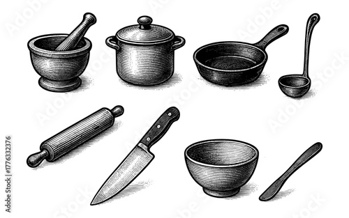 Vintage kitchenware set featuring detailed cooking tools in classic style