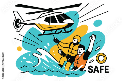 Coastal Rescue Artistry. Coastal Hoist Extraction. Salt spray arcs as a winch lifts a survivor from choppy waves; a lifebuoy icon pops beside ?SAFE.? The