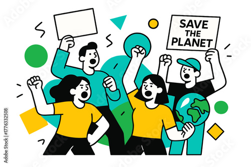 Geometric Environmental Activism. Environmental Protests. Crowd chanting slogans with floating abstract geometric shapes and green accents, energetic and