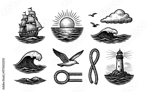 Vintage nautical elements with sailboat, waves, and lighthouse in engraved style