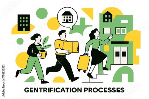 Gentrification Evolution Scene. Gentrification Processes. People moving into renovated apartments with floating abstract geometric shapes and building icons,