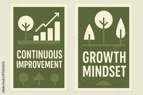 Continuous Improvement Banners. Continuous improvement. Two vertical A6 banners with safe margins, centered composition, no elements touching edges, geometric,