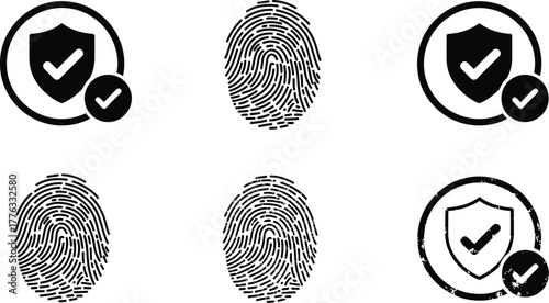 Black and white image showcasing fingerprint and security check icons