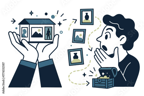 Art Market Impact. Art collectors and their impact on the market. Hands holding a miniature art gallery, a collector's eyes widening as they discover a new