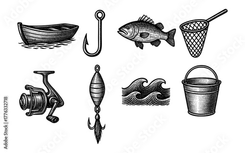 Vintage fishing icons set with boat, hook, fish, and more