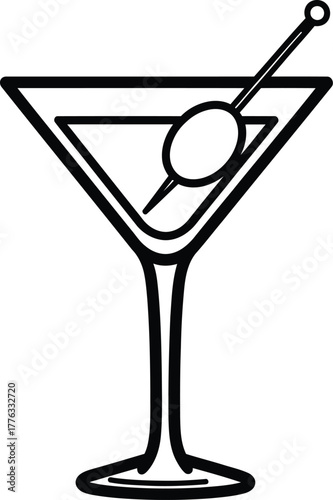 A simple black and white outline of a martini glass with an olive inside