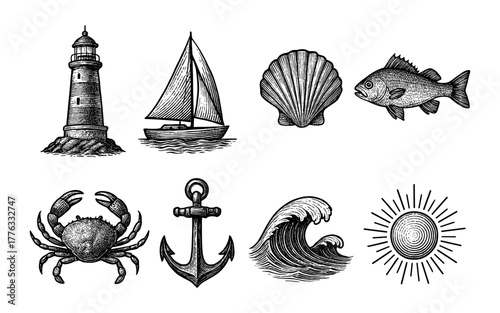 Nautical icons collection with lighthouse, sailboat, and marine life in vintage style