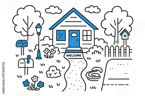 Charming Front Yard Doodle. // Front yard. Hand-drawn doodle illustration Front yard [house facade (accented), front door, window, porch steps (accented),