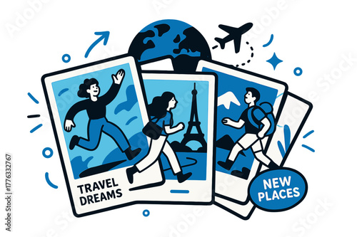 Dream Travel Vision. Vision Board ? Travel Dreams. Postcard frames fan out with a tiny plane tracing a dotted route; sticker reads ?New Places?. A minimal