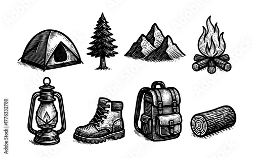Rustic camping set: hand drawn icons of adventure and nature