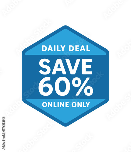 Flat vector badge design top text DAILY DEAL main text SAVE 60% bottom text ONLINE ONLY hexagonal badge blue and white palette