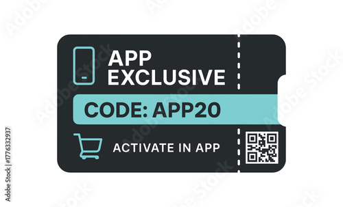 Flat vector coupon APP EXCLUSIVE matte charcoal voucher with cyan accent band large code pill CODE: APP20 QR to redeem icons (phone cart) line activate app crisp tech look