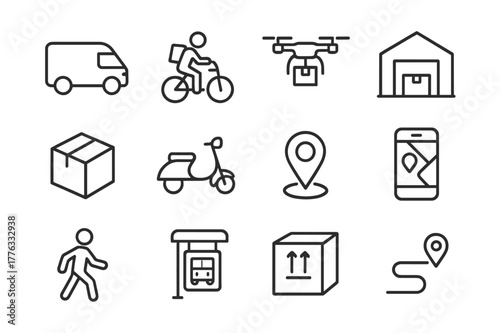 Urban Mobility Icons. Urban mobility. Line icon set of urban mobility: delivery van, bicycle courier, drone, warehouse, package, scooter, map marker,