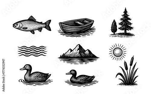 Rustic hand-drawn nature elements: fish, boat, trees, mountains, sun, ducks, and waves