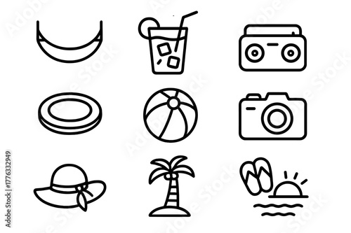 Summer Leisure Icons. Summer Leisure. Line icon set of Summer Leisure: hammock, picnic basket, iced tea glass, portable speaker, frisbee, beach ball, camera,