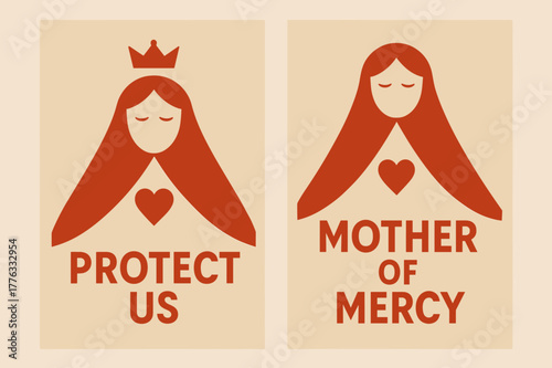 Our Lady Banners. Our Lady of Mercy. Two vertical A6 banners with safe margins, centered composition, no elements touching edges, geometric, scarlet and beige,