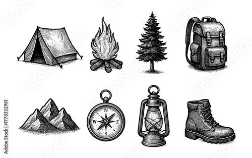 Vintage camping elements: tent, campfire, tree, backpack, mountain, compass, lantern, boot