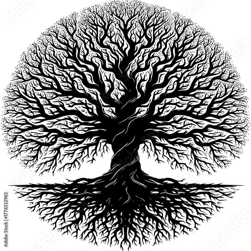 Magnificent Life: A striking illustration showcases a robust tree, its intricate branches reaching skyward. The artwork's detailed roots are deeply embedded in the earth.