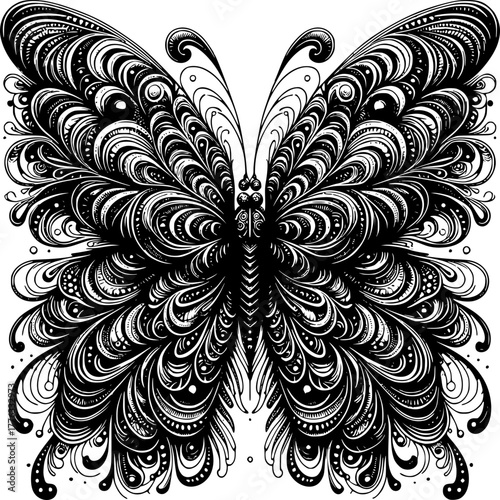 Intricate Butterfly: A stunning black and white illustration of a butterfly, showcasing elaborate patterns and textures. 