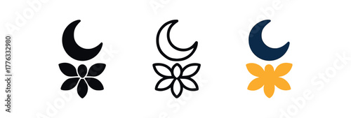 moon and marigold petals icon on white background Black silhouette flat icon outline icon and colored icon style deep blue gold orange tones three minimal vector icon style