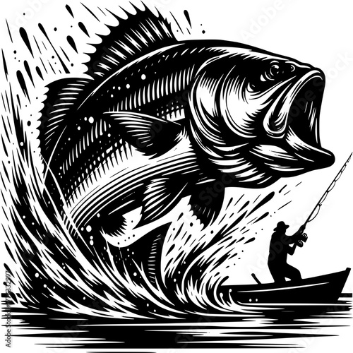 Angling Triumph: An illustration of a determined angler in a boat battling a massive bass, capturing a moment of exciting fishing action.