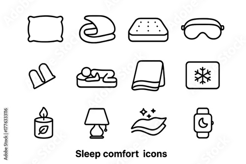 Sleep Comfort Icons. Sleep comfort. Line icon set of sleep comfort: pillow, duvet, mattress, eye mask, earplugs, sleep posture, blanket, cooling pad,