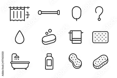 Bathroom Icon Set. Shower curtain ring. Line icon set of shower curtain ring: shower curtain, curtain rod, ring, hook, bathroom wall, water droplet, soap,