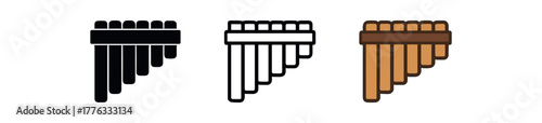 pan flute music icon on white background Black silhouette flat icon outline icon and colored icon style gold brown tones three minimal vector icon style