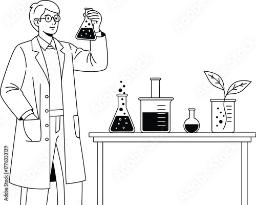 Scientist in lab coat holding flask with laboratory equipment on table