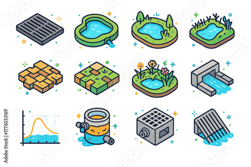 Stormwater Management Icons. Stormwater management. Colorful isometric vector icons set of Stormwater management: storm drain grate, detention pond, retention