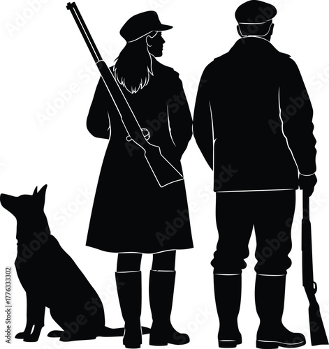 Silhouette of hunters with dog and guns in black and white design