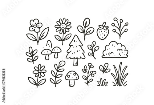 handdrawn cute doodle style vegetation vector line illustration