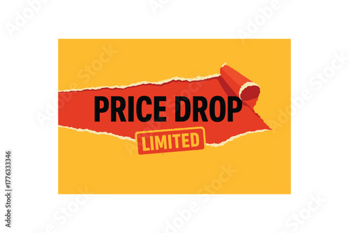 Flat vector banner PRICE DROP tornpaper reveal: red tear exposing black headline LIMITED stamp dramatic retail moment