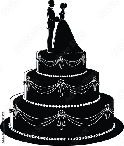 Black and white silhouette of a three tier wedding cake with topper