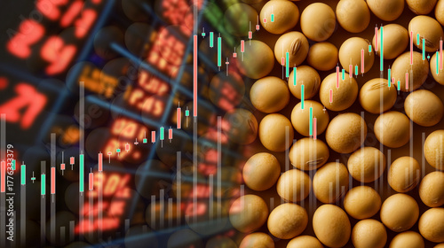 Composite image of soybeans and stock chart symbolizing agriculture and financial markets