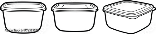 Three plastic containers with lids in a row on a white background