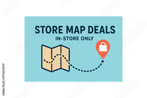 Flat vector banner STORE MAP DEALS dotted route path ending at bag pin INSTORE ONLY subline clean navigation graphic