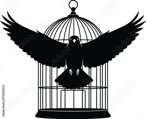 Silhouette of a bird with wings spread in front of a vintage birdcage