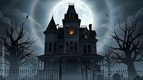 Haunted house spooky halloween background scary mansion dark night scene